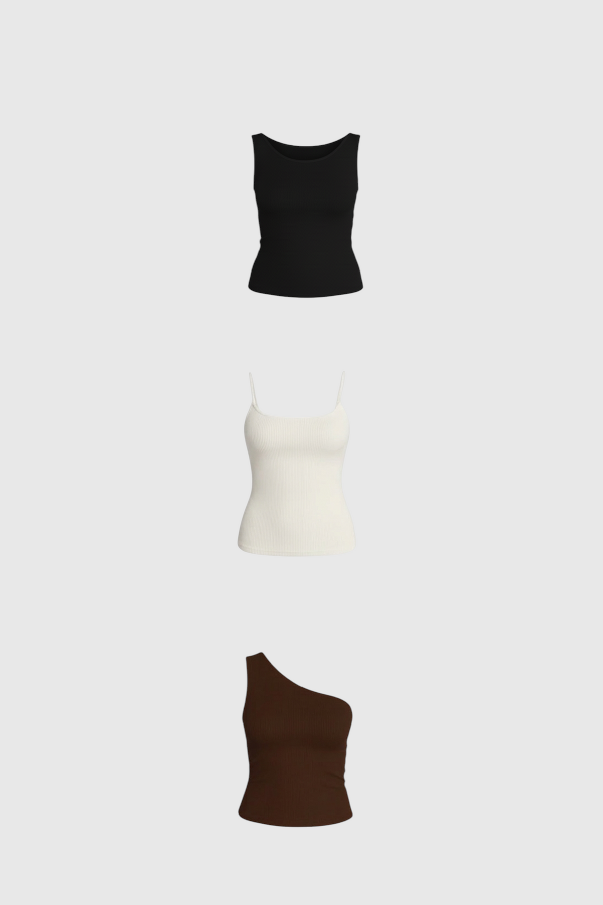 Kit com três blusas LA MAGIE | Roupas Femininas Básicas e Estilosas em poliamida: regata off white, blusa preta e marrom.