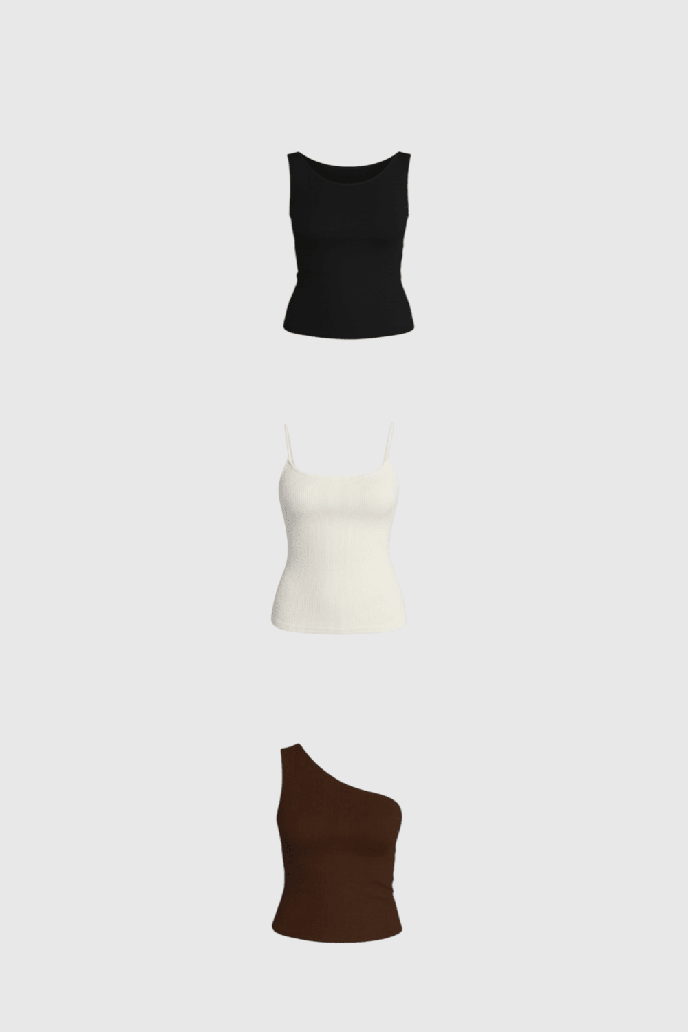 Kit com três blusas LA MAGIE | Roupas Femininas Básicas e Estilosas em poliamida: regata off white, blusa preta e marrom.